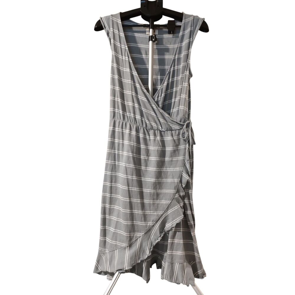 Pact Grey White Stripe Wrap Midi Dress Sz L V-neck Organic Cotton Sustainable